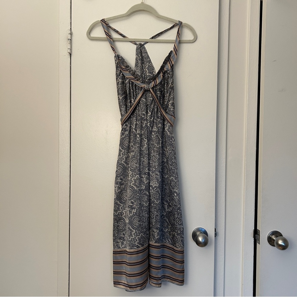 BCBG MAXAZRIA 100% Silk Paisley Handkerchief Halter Dress in Blue Brown (Size L)
